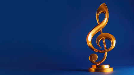 Golden music note trophy displayed against deep blue backgroundの素材