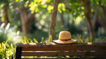 Straw hat on wooden bench in sunny garden with green foliage backgroundの素材