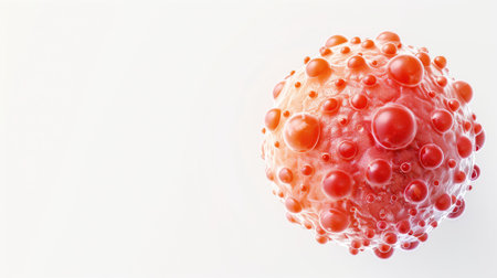 3D rendering of red virus-like particle with spikes on white backgroundの素材