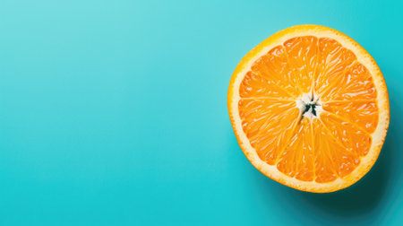 Half of juicy orange on bright blue background with space for textの素材