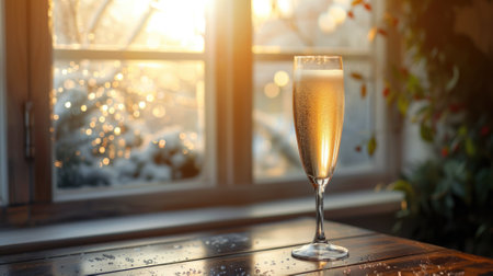 Sparkling beverage in tall glass set on windowsill, with warm, sunlit winter scene outsideの素材
