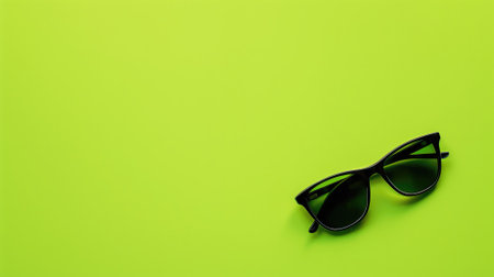 Pair of black sunglasses on bright green backgroundの素材