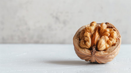 Close-up of open walnut on light surface, resembling brain, with blurred backgroundの素材