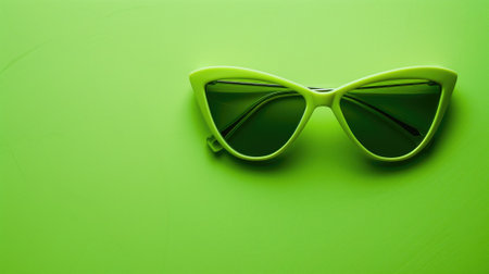 Pair of green sunglasses lies on matching textured background, creating monochromatic lookの素材
