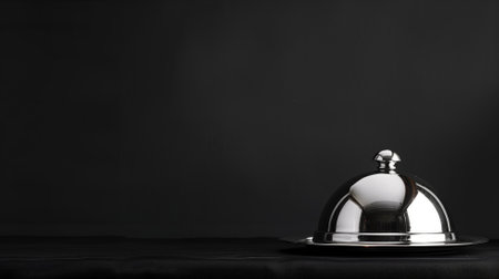Shiny silver cloche on black table with dark background, symbolizing fine dining and serviceの素材