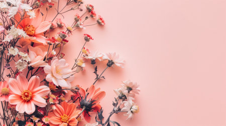 Variety of beautiful flowers arranged against soft pink background creating elegant floral displayの素材