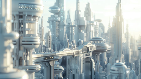 Futuristic cityscape with towering skyscrapers and interconnected bridges under clear skyの素材