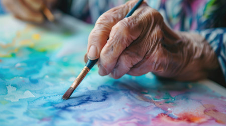Elderly person's hand holding paintbrush, applying vibrant watercolor paints to canvas, showcasing creativity and artistryの素材