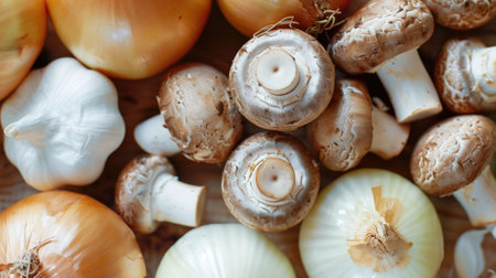 Close-up of fresh onions and mushrooms on surface, displaying their textures natural colorsの素材