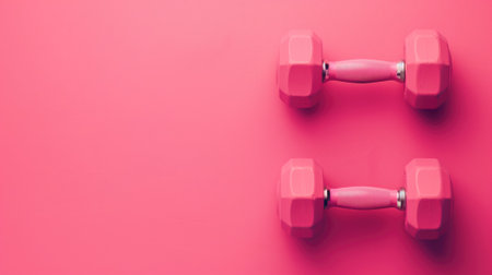 Two pink dumbbells on vivid background, placed parallel to each otherの素材