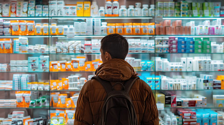 Person with backpack standing in front of colorful pharmacy shelf filled various productsの素材