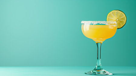 A margarita cocktail with a lime slice and salted rim on a teal background, suggesting a refreshing beverageの素材
