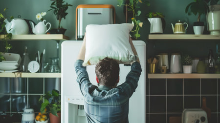 Person stretching with pillow in kitchen modern appliances and greeneryの素材