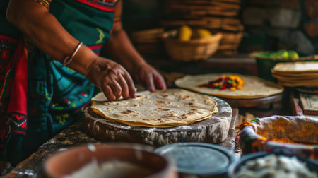 Person in traditional attire preparing flatbreads on wooden surface rustic kitchen settingの素材