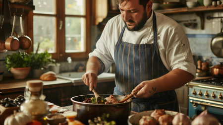Focused chef seasoning food in pan home kitchen, surrounded by fresh ingredientsの素材