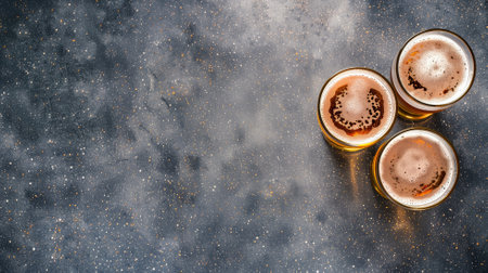 Three glasses of beer on starry background, suggesting cosmic themeの素材