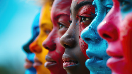 Side view of people with colorful painted faces in rowの素材
