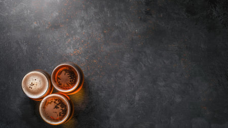 Three glasses of beer with foam on textured, dark backgroundの素材