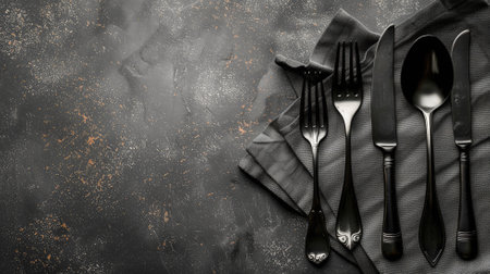 Elegant cutlery set arranged on dark textured surface with napkinの素材