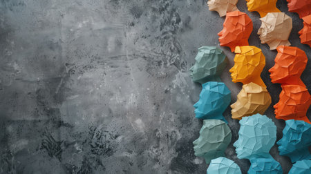 Colorful origami paper birds on textured grey backgroundの素材