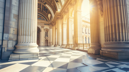 Sunlight streaming through large windows in grand hall with arches and pillarsの素材