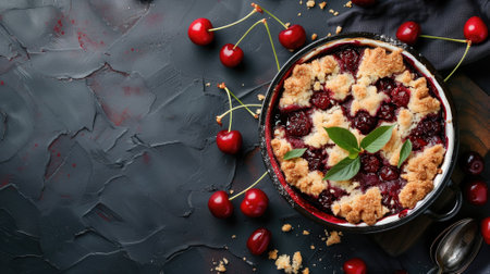 Cherry pie with lattice crust in baking dish on dark background, fresh cherries scattered aroundの素材