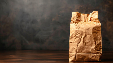 Crumpled brown paper bag on wooden surface with dark, smoky backgroundの素材