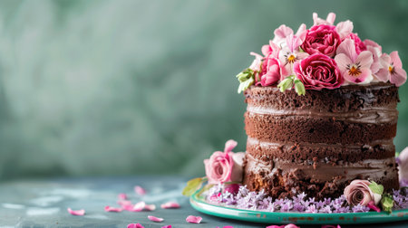 Chocolate layer cake adorned with pink and white flowers on blue plate green backgroundの素材