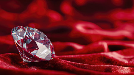 Sparkling cut diamond on luxurious red satin fabric with wavy textureの素材