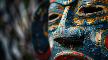 Close-up of colorful traditional mask with intricate designsの素材