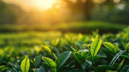Green tea leaves at plantation during sunrise with soft sunlight shining throughの素材