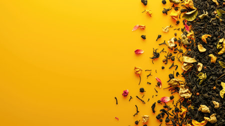 Assortment of loose leaf tea and flower petals spread on vibrant yellow backgroundの素材