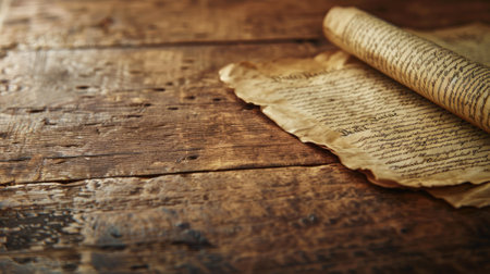 Two ancient manuscripts on wooden surface with warm lightingの素材