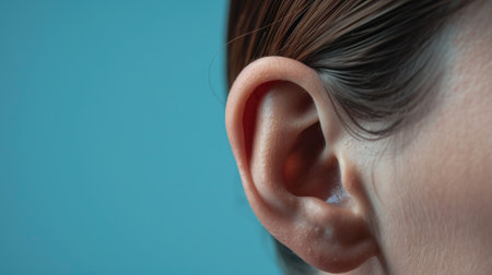 Close-up of person's ear with blue backgroundの素材