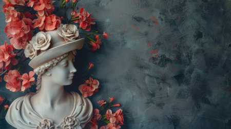 Classical bust adorned with hat and surrounded by vivid flowers against textured backgroundの素材