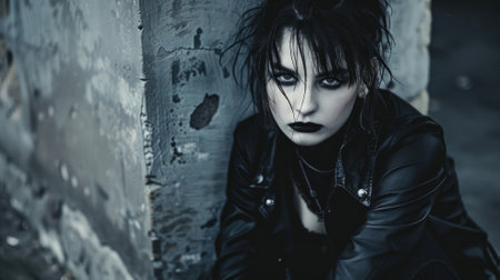 Person with dark makeup and gothic attire sitting by wallの素材