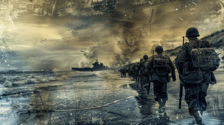 Illustration of soldiers landing on beach under wartime conditions with ship and airplanes in backgroundの素材