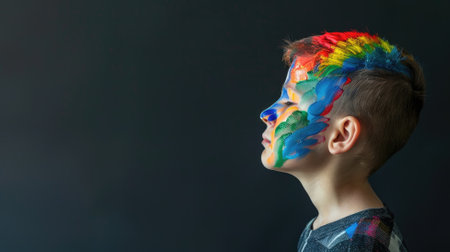 Young child profile with colorful painted face and closed eyesの素材