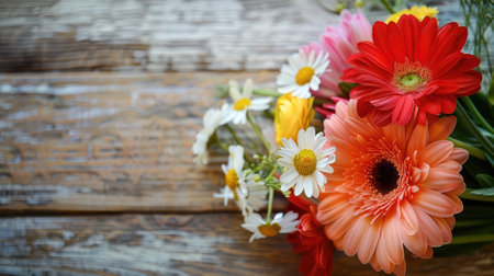 Vibrant bouquet of daisies and gerberas on wooden surfaceの素材