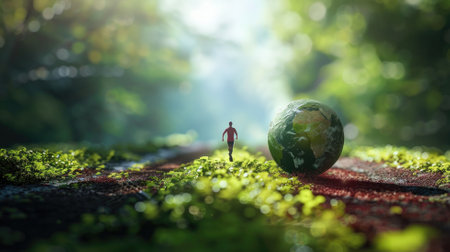 Miniature figure of person running towards small globe in forest setting with sunraysの素材