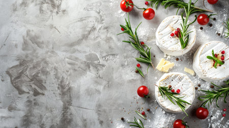 Camembert cheese with tomatoes and herbs on rustic surfaceの素材