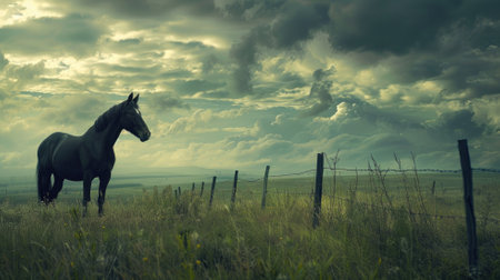 Lone horse standing in field at dusk under clouded skiesの素材