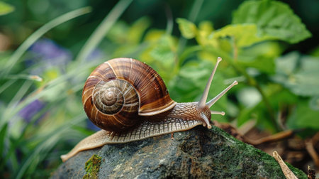 Brown snail crawling on mossy rock with green foliage backgroundの素材