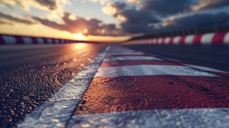 Sunset at closeup wet race track with red and white curbの素材