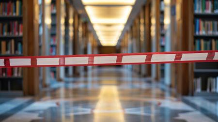 Red and white barrier tape across library aisle with blurred bookshelvesの素材