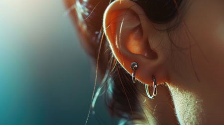 Close-up of ear with multiple earrings under soft lightの素材