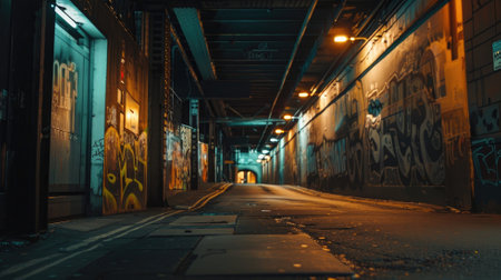 Urban alley at night with graffiti and dim lightingの素材