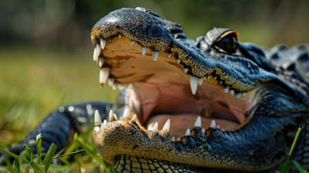 Close-up of alligator with its mouth open, lying on grassの素材