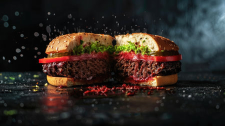 Cut hamburger with splash of spices on dark backgroundの素材