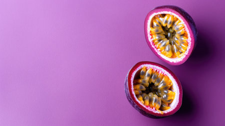 Two halves of passion fruit on purple backgroundの素材
